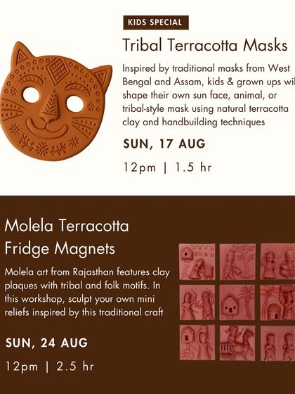 This flyer from our Indian folk art festival highlights workshops on Tribal Terracotta Masks and Molela Terracotta Fridge Magnets, bringing regional crafts to the studio.