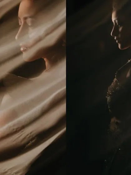 An abstract and artistic bridal portrait. The use of slow shutter speed and light creates a dreamy, ethereal effect, transforming a simple portrait into a piece of art.