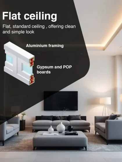 A flat ceiling offers a clean and simple look. We construct these using aluminum framing with gypsum and POP boards for a flawless finish.