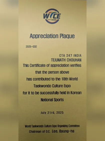 A close-up of the Certificate of Appreciation from the World Taekwondo Culture Expo Organizing Committee for my contribution to the event.