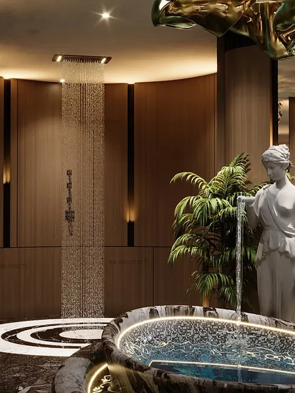 A poetic tribute to sea waves, this luxurious bathroom blends fluid curves and mountain views. The gracefully arched walls offer both privacy and openness, framing the landscape while creating a spa-like retreat with a central jacuzzi.