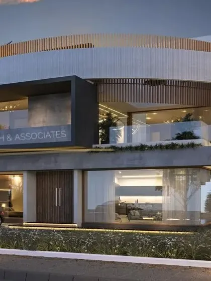 Another angle of the rendered facade, showing the interplay of curved and rectilinear forms, glass, and wood.
