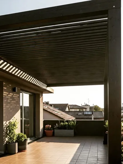 A modern pergola with a louvered roof, attached to the house to cover a rooftop balcony. This design provides adjustable shade and a sleek, architectural look.
