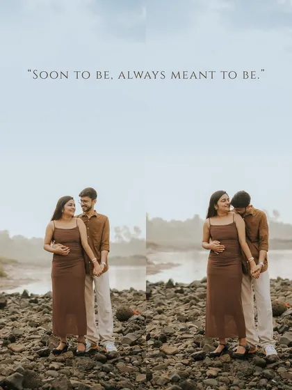 "Soon to be. Always meant to be." A simple and powerful statement paired with two beautiful portraits of the couple sharing tender moments by the river.