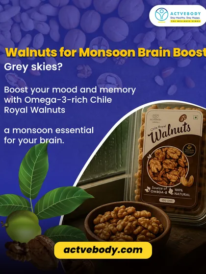 Feeling the monsoon brain fog? This image of Chile Royal Walnuts explains how their Omega-3 content can boost your mood and memory, making them an essential snack for grey, rainy days.