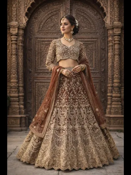 This shot captures the bridal lehenga against a beautifully carved wooden door, highlighting the traditional aesthetic of the outfit. The detailed work on the skirt and blouse is clearly visible.