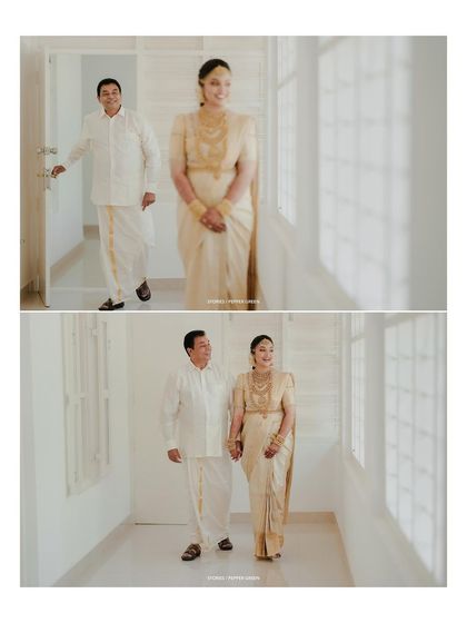 A collage showing the sweet moments between bride Chaithanya and her father before the ceremony. These are the cherished memories that families hold dear.