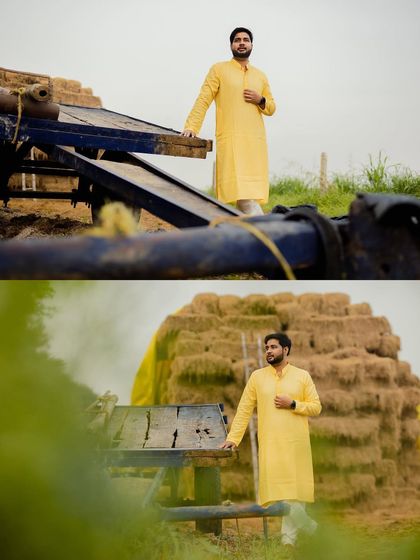 The groom poses against haystacks, adding a rustic and authentic charm to his Haldi day portraits.