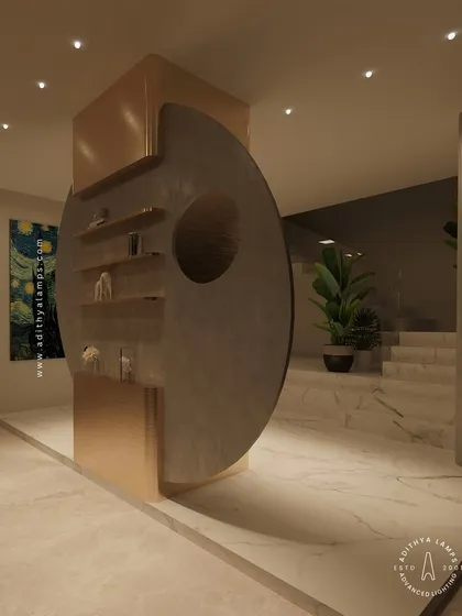 This image showcases our architectural lighting in a grand entryway. The small, powerful ceiling lights cast dramatic highlights on the large circular sculpture and marble floor, creating a luxurious and welcoming first impression.