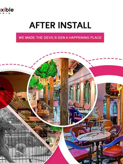 After our install, we made the devil's den a happening place. This before-and-after graphic shows how our lighting and sound transformed the atmosphere at Diablo, enhancing its unique and colorful decor.