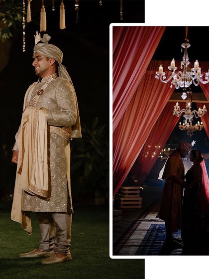 A collage from a nighttime wedding, showing the groom's portrait and a romantic silhouette of the couple under a chandelier. The dramatic lighting creates a very cinematic feel.