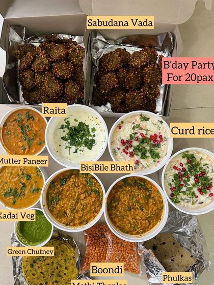 A birthday party feast for 20 people. This order included Sabudana Vada, Mutter Paneer, Kadai Veg, BisiBile Bath, Curd Rice, Raita, Phulkas, and Boondi for a complete celebration.