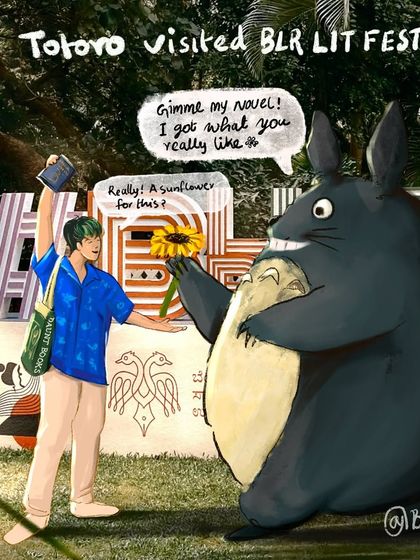The first panel of my comic where Totoro makes his offer at the Bengaluru Literature Festival. It's fun to blend my art with real-life events.