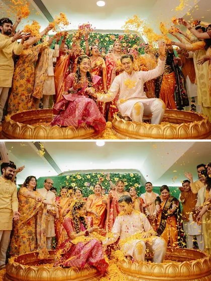 The Haldi ceremony is all about unrestrained joy. We love creating vibrant, fun-filled settings where families come together to shower the couple with love, laughter, and a whole lot of flower petals.