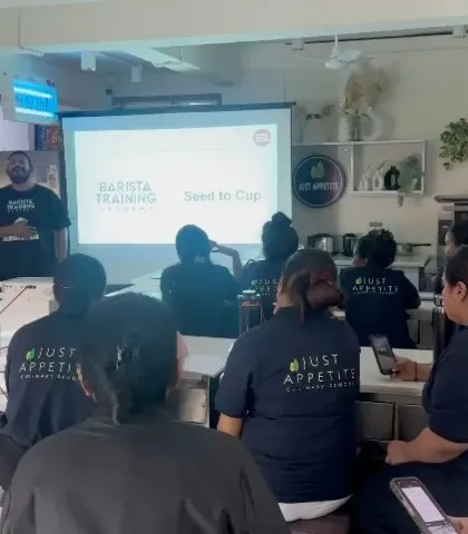 A presentation slide from our "Seed to Cup" session at Just Appetite. We cover the entire coffee value chain.