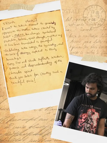 Visesh's handwritten note of appreciation for his Mothra tattoo, praising the powerful translation of the character's spirit into art.