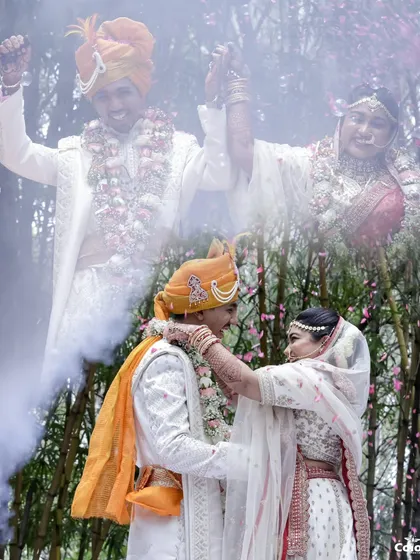 A creative collage from a wedding ceremony, blending celebratory moments with a romantic portrait.