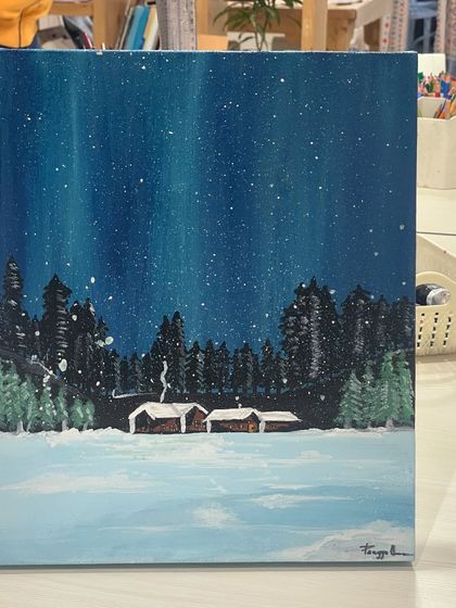 A peaceful winter landscape painting, complete with snow-covered trees and cozy cabins. This artwork perfectly captures the magic of a snowy night.