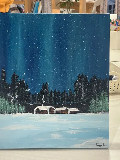 Another lovely winter landscape painted on canvas. The artist did a wonderful job capturing the quiet, snowy atmosphere of a forest at night.