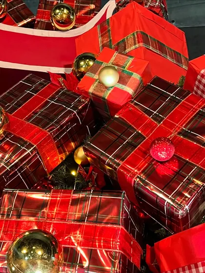A pile of perfectly wrapped presents at the base of the tree. Using plaid and metallic wrapping papers, I styled these decorative gifts to enhance the traditional Christmas theme and complete the festive scene.