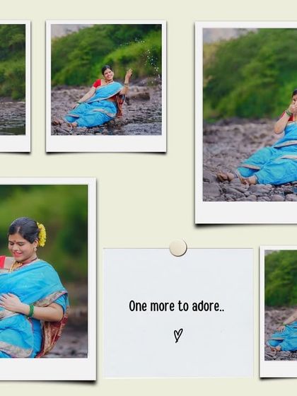 This collage showcases a traditional Marathi maternity shoot by the water. The mother-to-be, dressed in a stunning blue saree, finds a moment of peace and connection with nature and her baby.