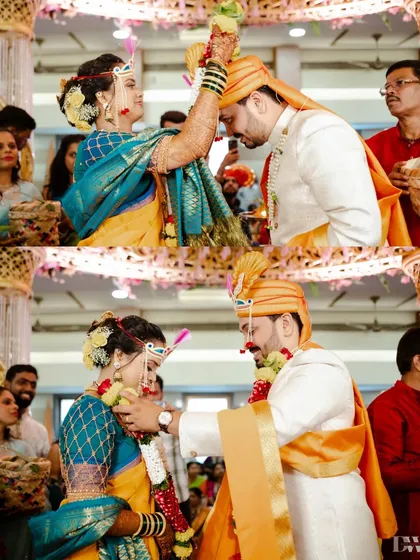 A collage of the Akshata ritual, where the bride and groom shower each other with blessed rice, a key moment in a Hindu wedding.