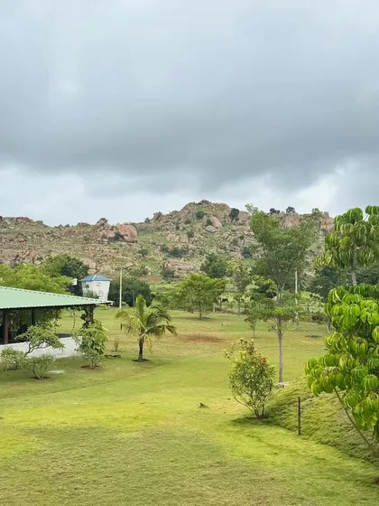 The yoga shala under a cloudy sky. The weather never stops our wellness activities; it simply changes the mood, offering a different kind of energy for practice.