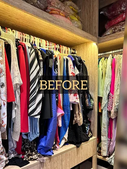 Before: A closet with mismatched hangers, creating a chaotic and cramped look. Clothes are difficult to see and access.