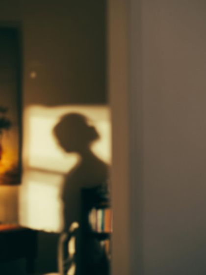 An abstract and moody photograph focusing on the blurred shadow of a person cast on a wall, creating a mysterious and cinematic feeling.