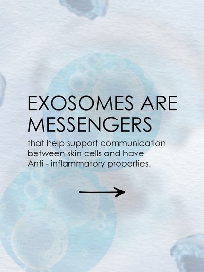 This graphic explains that Exosomes are messengers that support communication between skin cells and have anti-inflammatory properties.