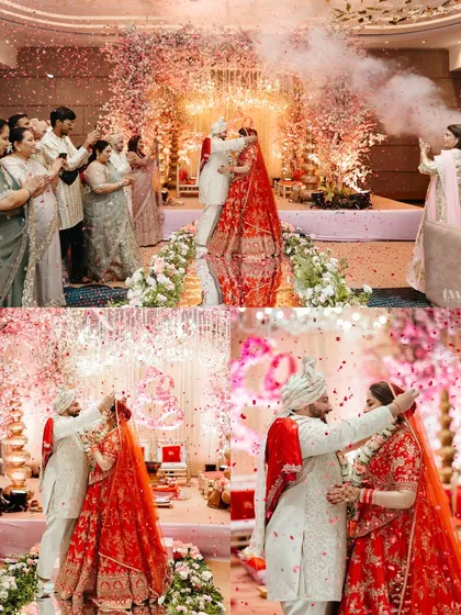 A dynamic collage of the varmala ceremony, complete with flower showers and smoke effects. It captures the high energy and celebratory atmosphere of this key ritual.