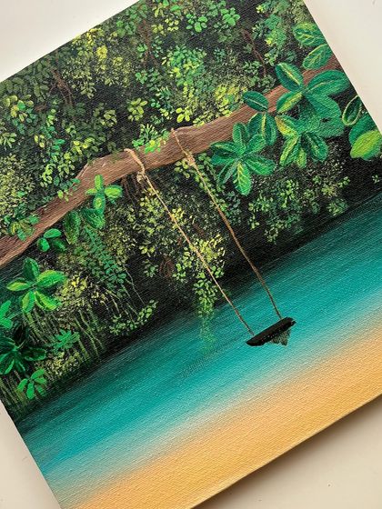 A close up of the Maui swing painting, focusing on the details of the swing and the water.
