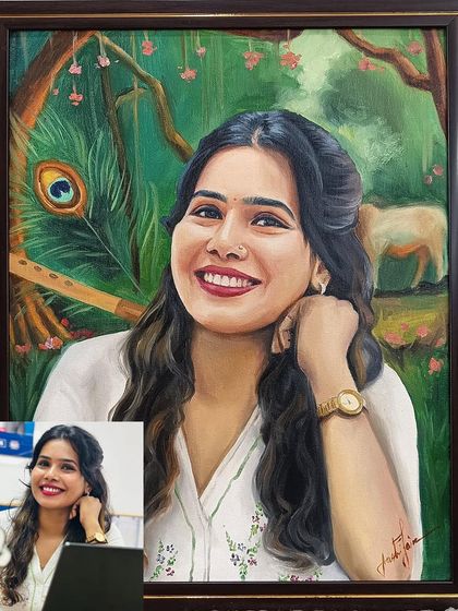 A comparison of the original photo and the final painting, showing how I created a completely new, themed background for the client.