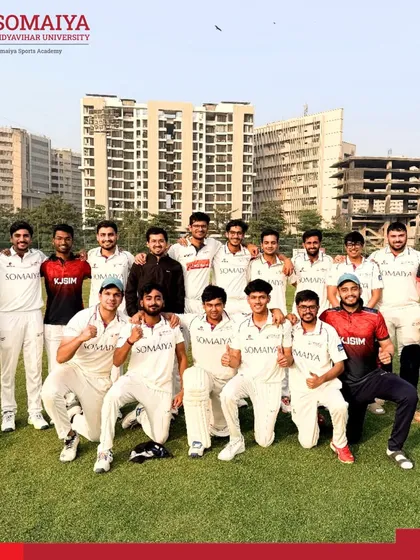 The K J Somaiya Institute of Management cricket team in a full group photo after their dominant semi-final victory in the Lakshya 2026 tournament.