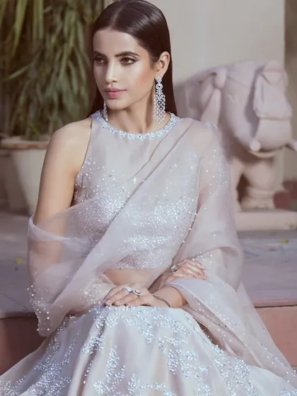 An elegant outdoor campaign shot for a designer lehenga. The soft, natural light complements the delicate silver embroidery, and the close-up framing focuses on the craftsmanship of the garment and the model's serene expression.