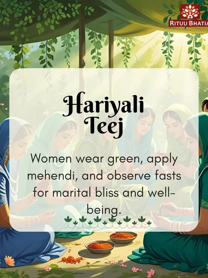 The rituals of Hariyali Teej, where women wear green, apply mehndi, and observe fasts, are performed to pray for marital bliss and the well-being of their families. It is a day of devotion and feminine energy.