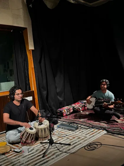 A wonderful in-studio session in Kolkata with a sarod player and a drummer from Sweden. This image captures the collaborative spirit of my work, bringing together artists from different musical worlds to create something new.