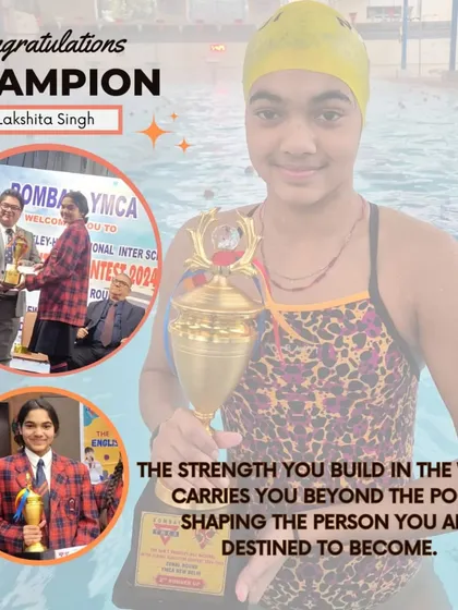 A collage celebrating Lakshita's strength, both as a swimmer and a public speaker. The skills learned in the pool build character for life.