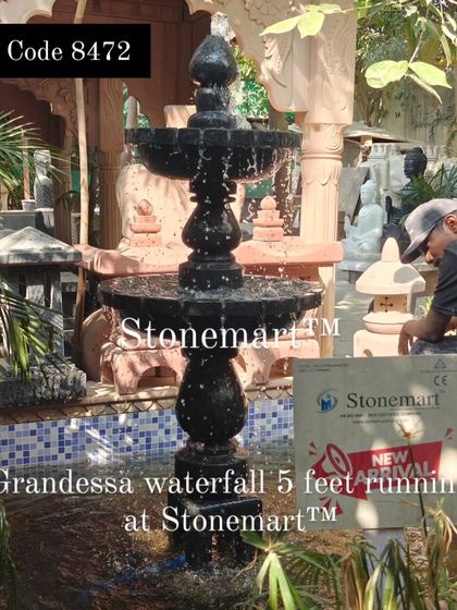 The 5-foot Grandessa waterfall is up and running. The sound of water cascading down the two tiers is both impressive and relaxing.