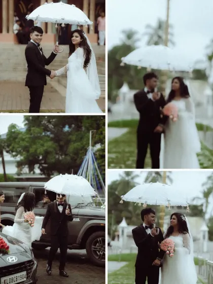 A collage capturing the sweet, candid moments of a couple's journey from the church. From the shared umbrella to the arrival in their wedding car, I ensure every part of the day is a beautiful memory.