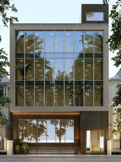 A 3D render for a 442 sq. yard commercial project on Lawrence Road. The design features a modern glass facade with wood-look vertical slats on the ground floor, creating a warm and inviting entrance.