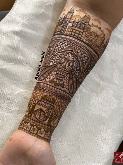 A close-up of the London skyline, complete with the London Eye and Big Ben, meticulously detailed on the bride's forearm.