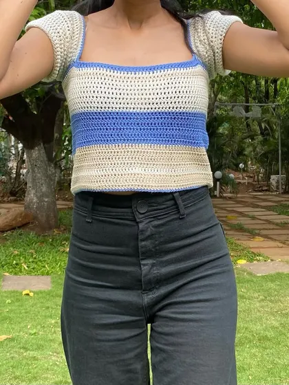Our cap sleeve top combines a classic square neckline with cute, puffy sleeves. The striped pattern can be customized with your favorite colors.