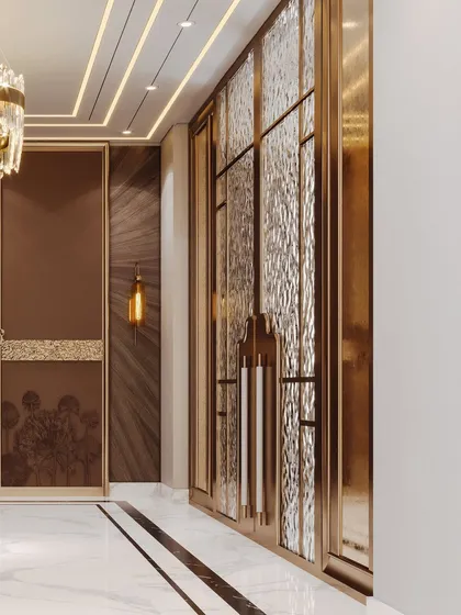 A close-up of the passageway, highlighting the textured glass panels and ornate door handles, rendered to show the shimmer and craftsmanship.