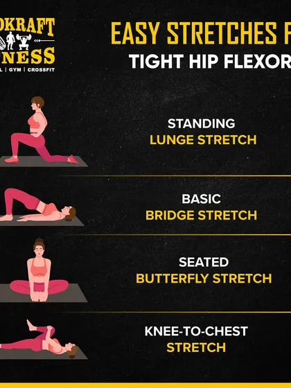 If you sit at a desk all day, your hip flexors can get tight. These easy stretches, including the standing lunge, basic bridge, and butterfly stretch, can help relieve tightness and pain.