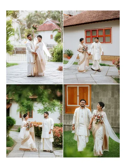 A collage of the couple's portraits from their fusion wedding, showing them walking, laughing, and enjoying their special day together.