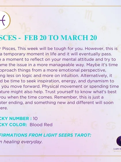 A weekly tarot forecast for Pisces. This week will be tough for you. However, this is just a temporary moment in life and it will eventually pass. Take a moment to reflect on your mental attitude and try to reframe the issue.