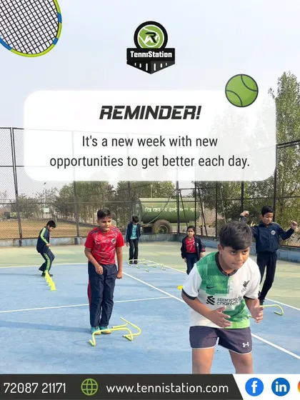A new week brings new opportunities to get better each day. Here, our young players are engaged in footwork drills on the court.
