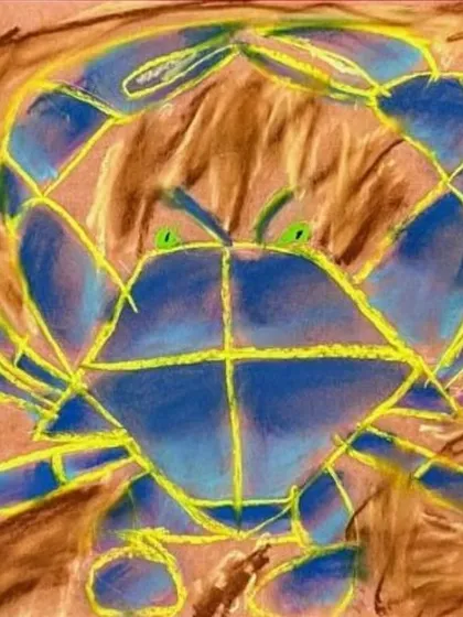 This drawing of a crab uses oil pastels on a dark background, a technique that makes the bright colors pop and creates a dramatic effect.
