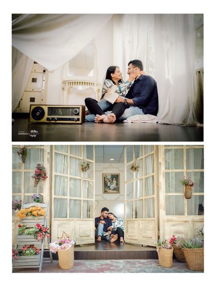 A collage showing two scenes from a cozy indoor shoot. It captures both a wide view of the romantic setup and a close-up of the couple's interaction.